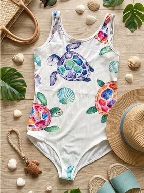 White One-Piece Bodysuit/Swimsuit with Colorful Fruit Print sz L